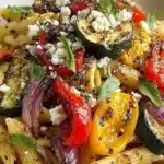 Mediterranean grilled vegetable pasta salad with vibrant veggies and pasta