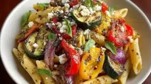 Mediterranean grilled vegetable pasta salad with vibrant veggies and pasta