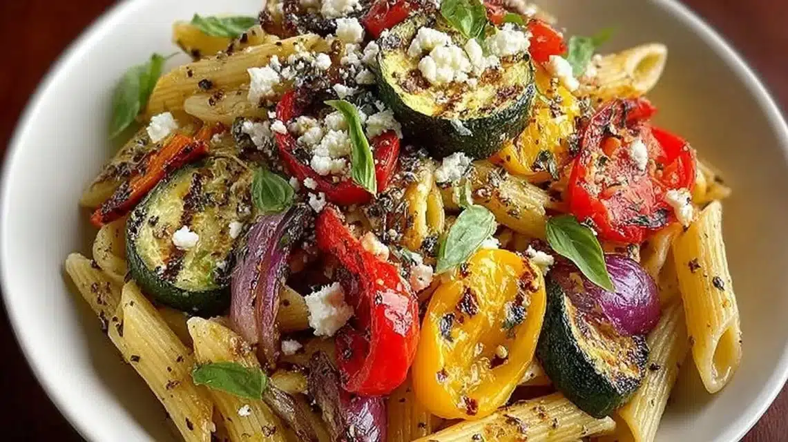 Mediterranean grilled vegetable pasta salad with vibrant veggies and pasta