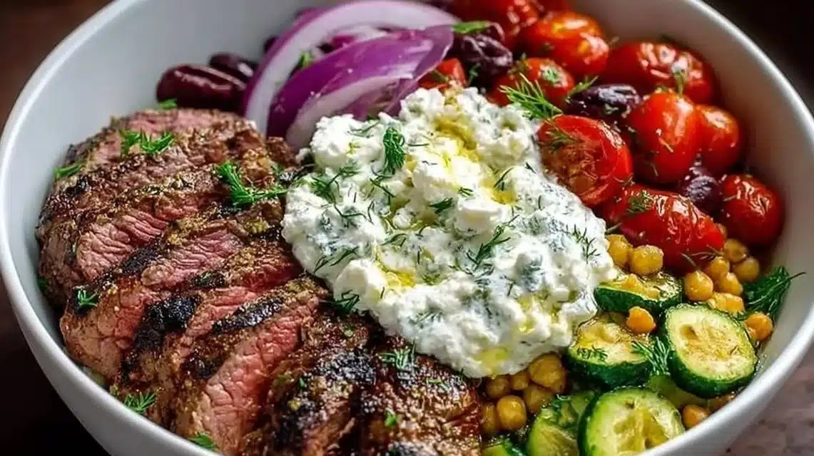 Mediterranean steak bowl with fresh vegetables and spices