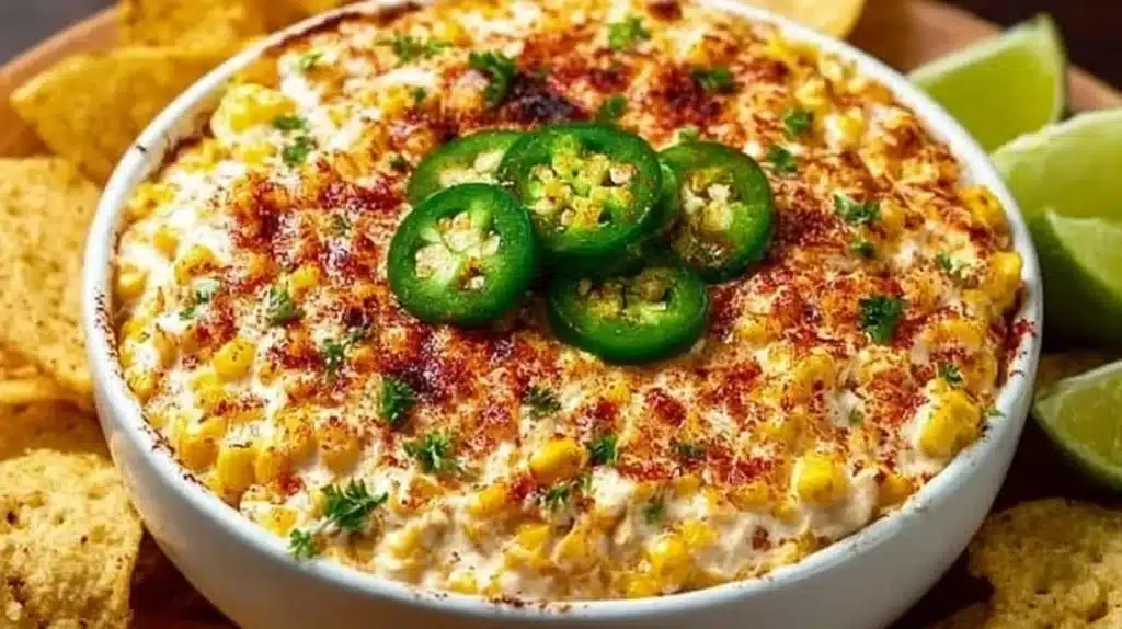 Bowl of Mexican street corn dip served with tortilla chips.