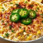 Bowl of Mexican street corn dip served with tortilla chips.