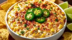 Mexican Street Corn Dip for Easy Party Snacks Everyone Loves Bowl of Mexican street corn dip served with tortilla chips.