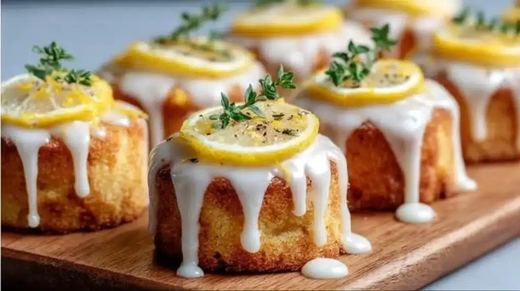 Mini lemon drizzle cakes with a lemon glaze on a white plate