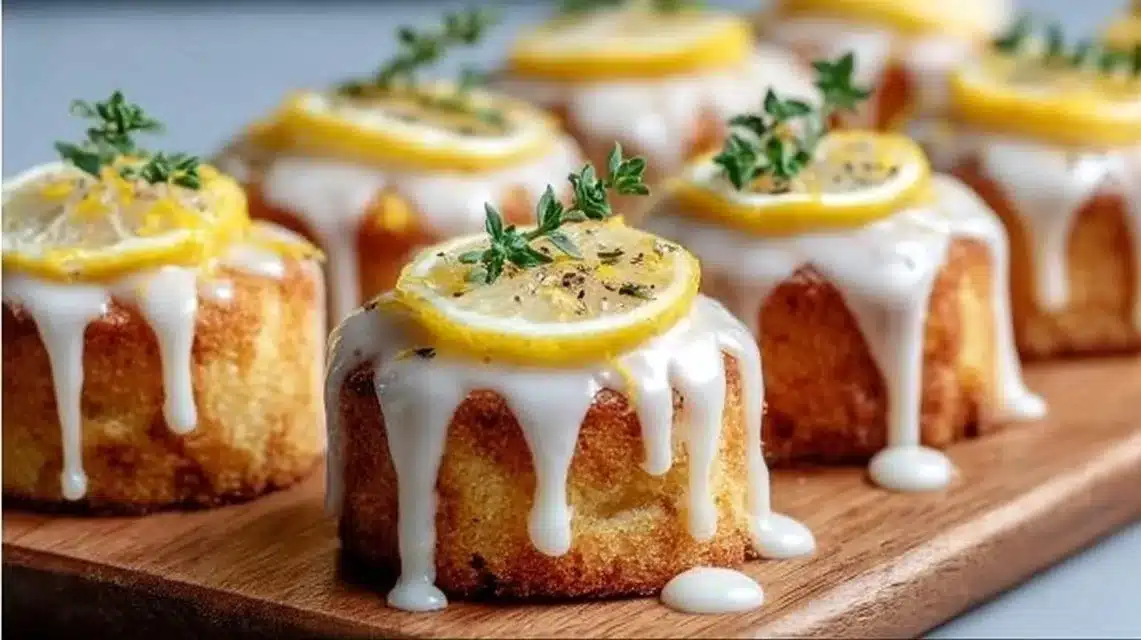 Mini lemon drizzle cakes with a lemon glaze on a white plate