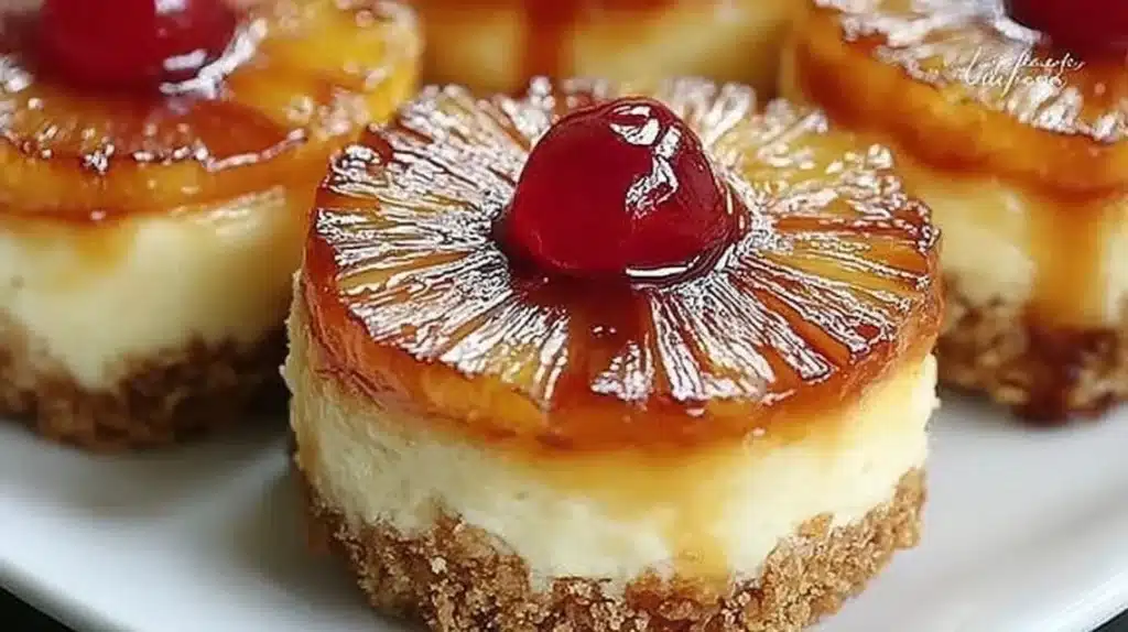 Mini Pineapple Upside-Down Cheesecakes garnished with cherries and pineapple slices.