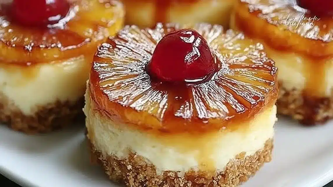 Mini Pineapple Upside-Down Cheesecakes garnished with cherries and pineapple slices.