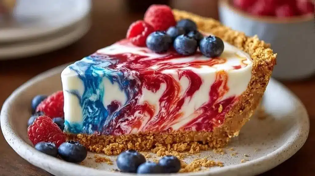 No-Bake 4th of July Swirl Pie with red, white, and blue colors
