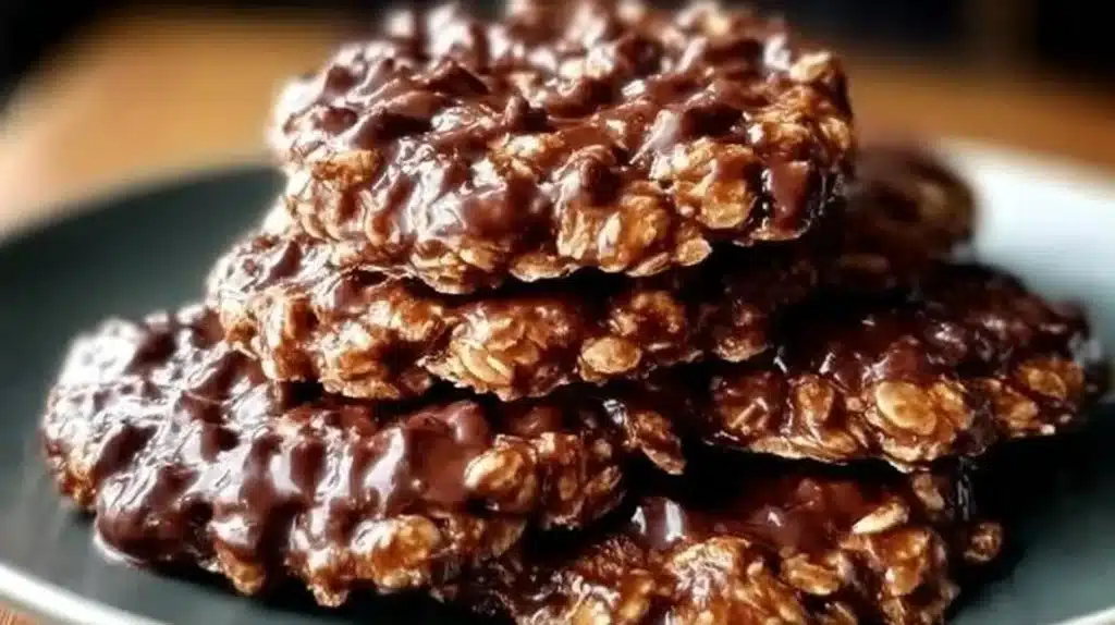 A plate of homemade no-bake cookies with chocolate and oats