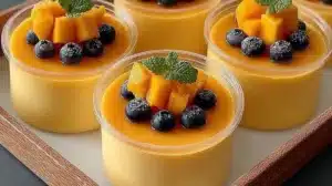 Easy No-Bake Mango Panna Cotta Everyone Will Love at First Bite Delicious No-Bake Mango Panna Cotta dessert topped with fresh mango slices.