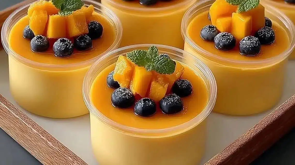 Delicious No-Bake Mango Panna Cotta dessert topped with fresh mango slices.