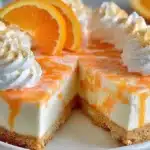 No-bake orange creamsicle cheesecake topped with a vibrant orange glaze