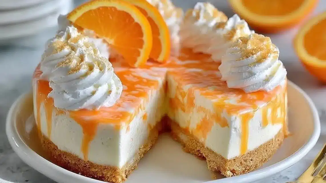 No-bake orange creamsicle cheesecake topped with a vibrant orange glaze