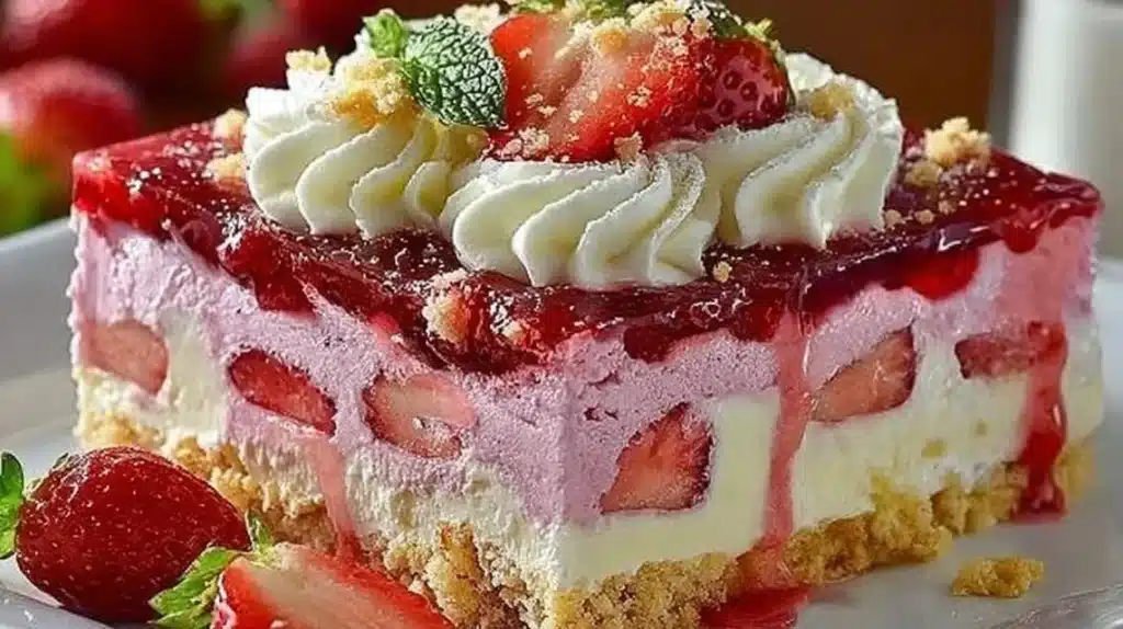 Delicious no-bake strawberry jello lasagna dessert with layers of strawberries