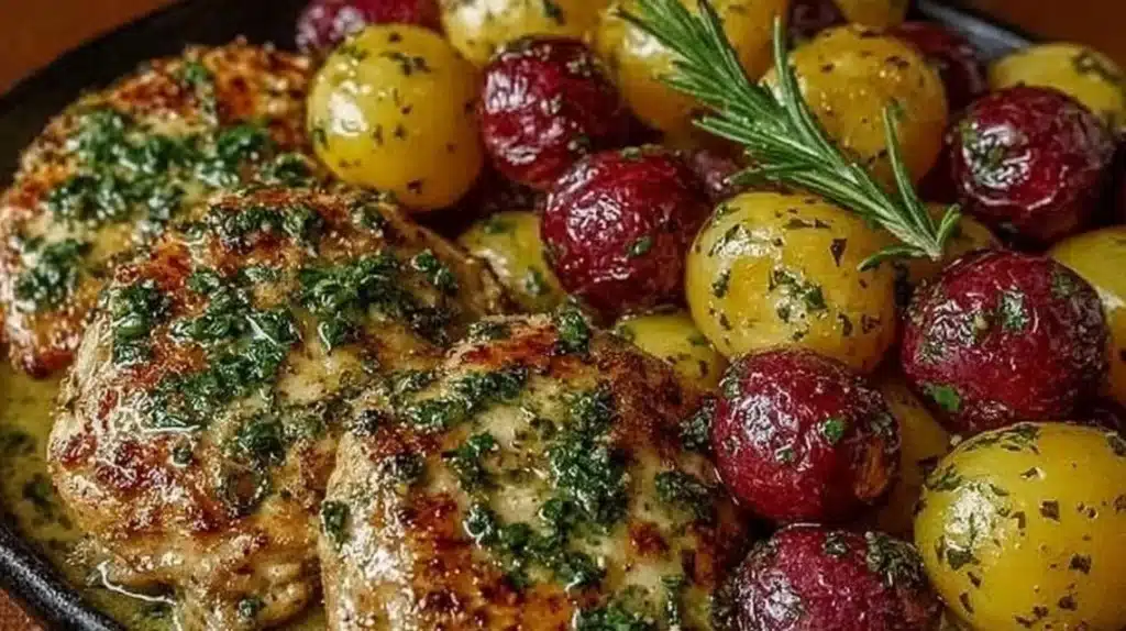 One-Pan Cowboy Garlic Chicken served with tender potatoes