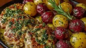 One-Pan Cowboy Garlic Chicken and Potatoes for a Quick Family Meal One-Pan Cowboy Garlic Chicken served with tender potatoes
