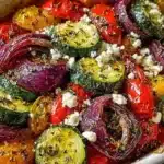 Colorful one pan Greek vegetables with olives and herbs