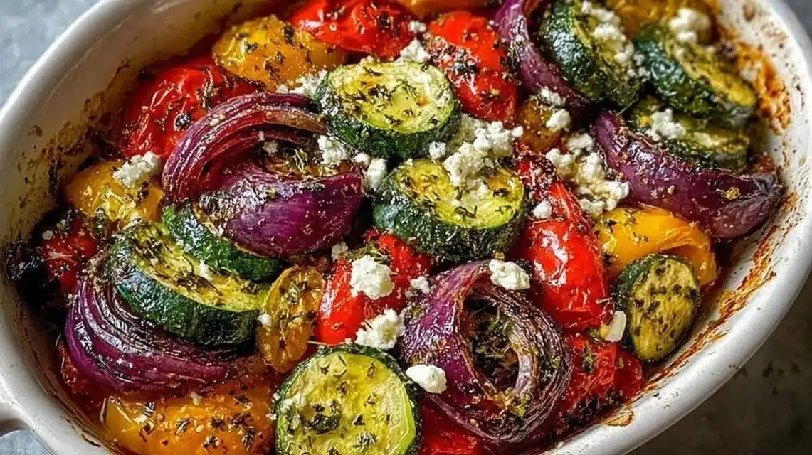 Colorful one pan Greek vegetables with olives and herbs