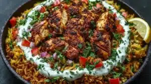 One Pot Chicken Shawarma Rice dish served in a bowl with spices and herbs