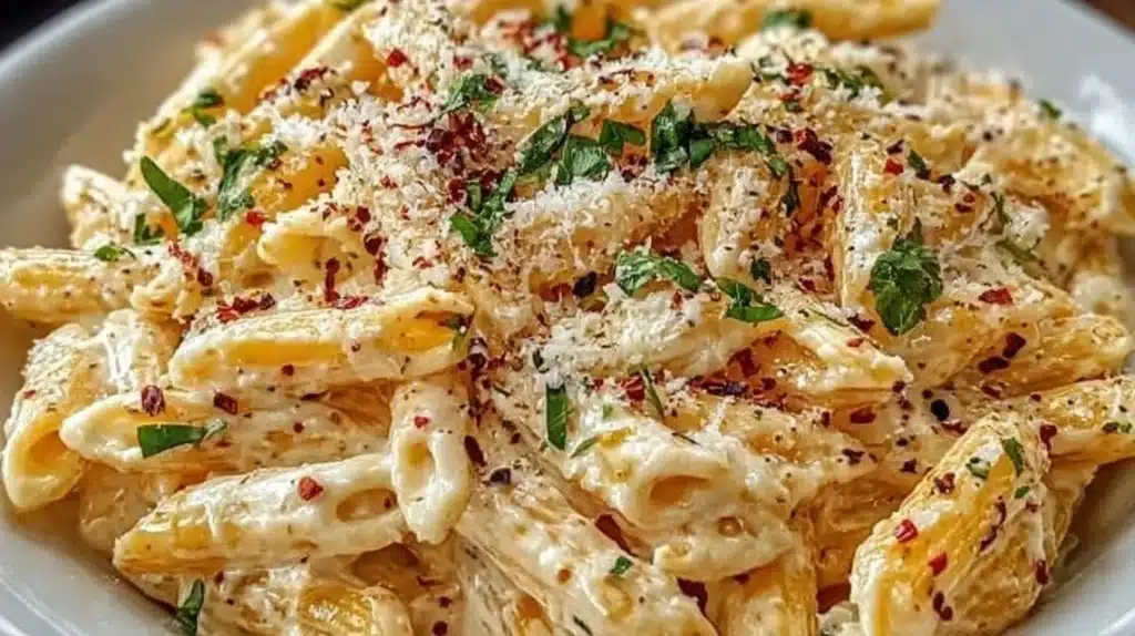 Bowl of one pot creamy garlic pasta with herbs on top.