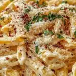 Bowl of one pot creamy garlic pasta with herbs on top.