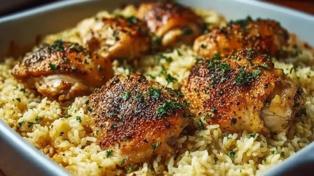 Oven-baked chicken and rice served in a dish with herbs and spices.