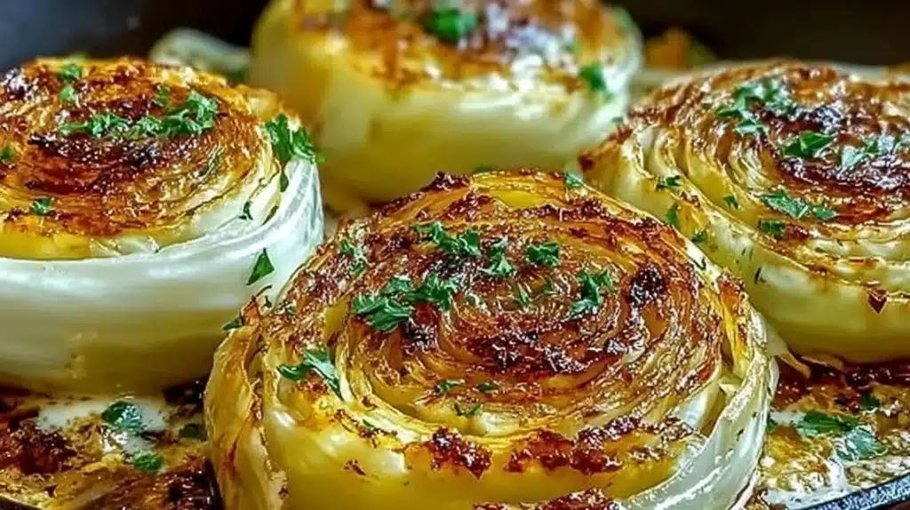 Oven roasted garlic cabbage steaks served as a crispy side dish