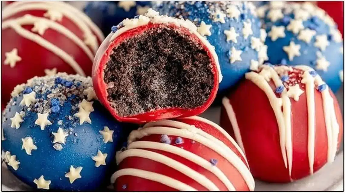Festive Patriotic Oreo Balls decorated in red, white, and blue colors.