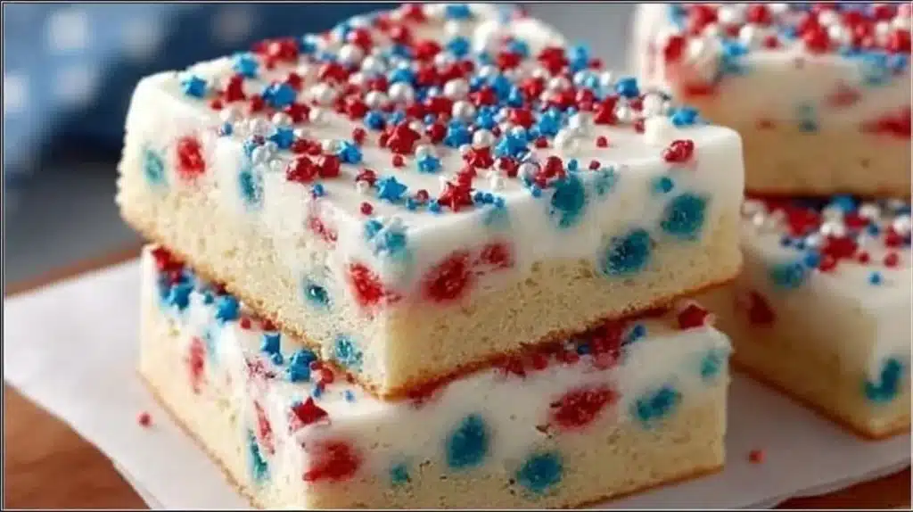 Patriotic sugar cookie bars decorated with red, white, and blue icing.
