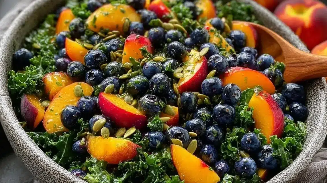 Delicious Peach Blueberry Kale Salad with vibrant colors and healthy ingredients.