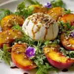 Delicious Peach Burrata Salad with fresh peaches and creamy burrata cheese