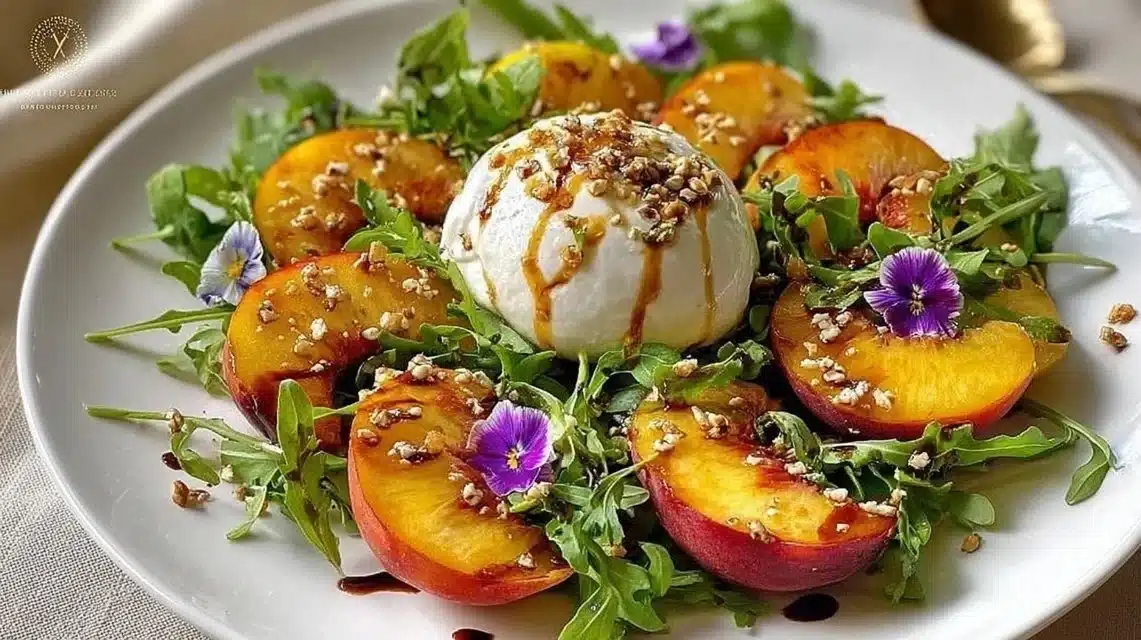 Peach Burrata Salad Easy Summer Salad Recipe 1 Delicious Peach Burrata Salad with fresh peaches and creamy burrata cheese