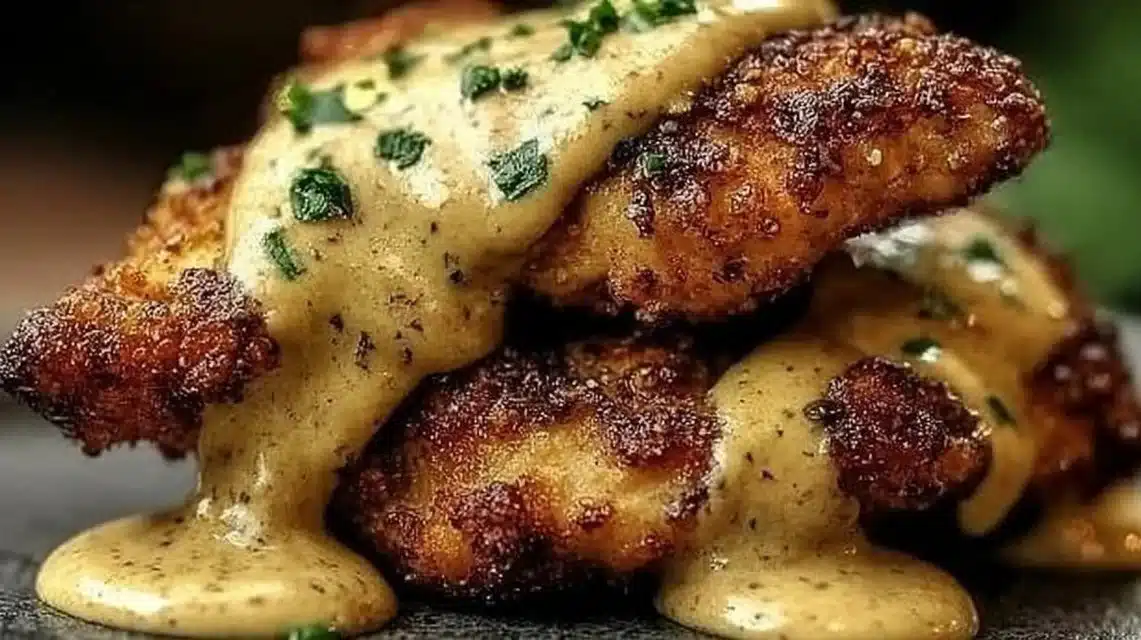 Crunchy Pretzel Chicken served with a side of dipping sauce