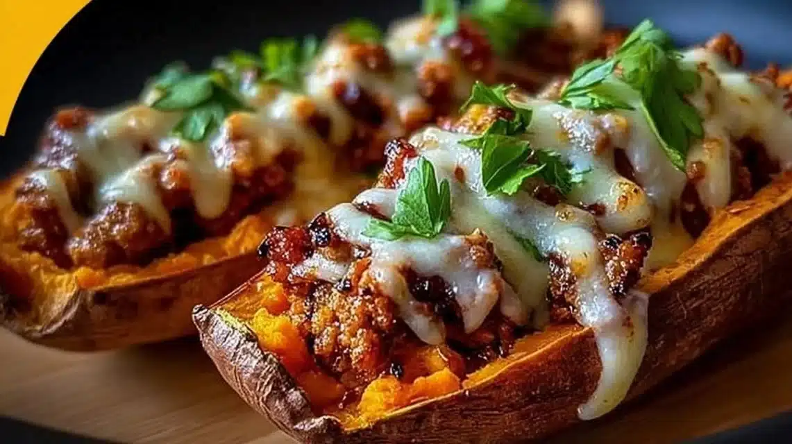 Protein loaded sweet potato boats topped with healthy ingredients
