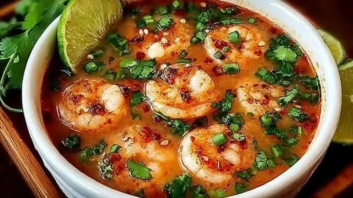 Bowl of quick and spicy shrimp soup garnished with herbs and lime