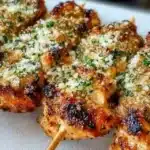 Delicious Ranch Garlic Parmesan Chicken Skewers on a platter