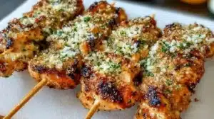 Delicious Ranch Garlic Parmesan Chicken Skewers on a platter
