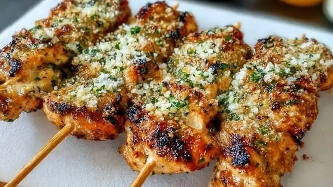 Delicious Ranch Garlic Parmesan Chicken Skewers on a platter