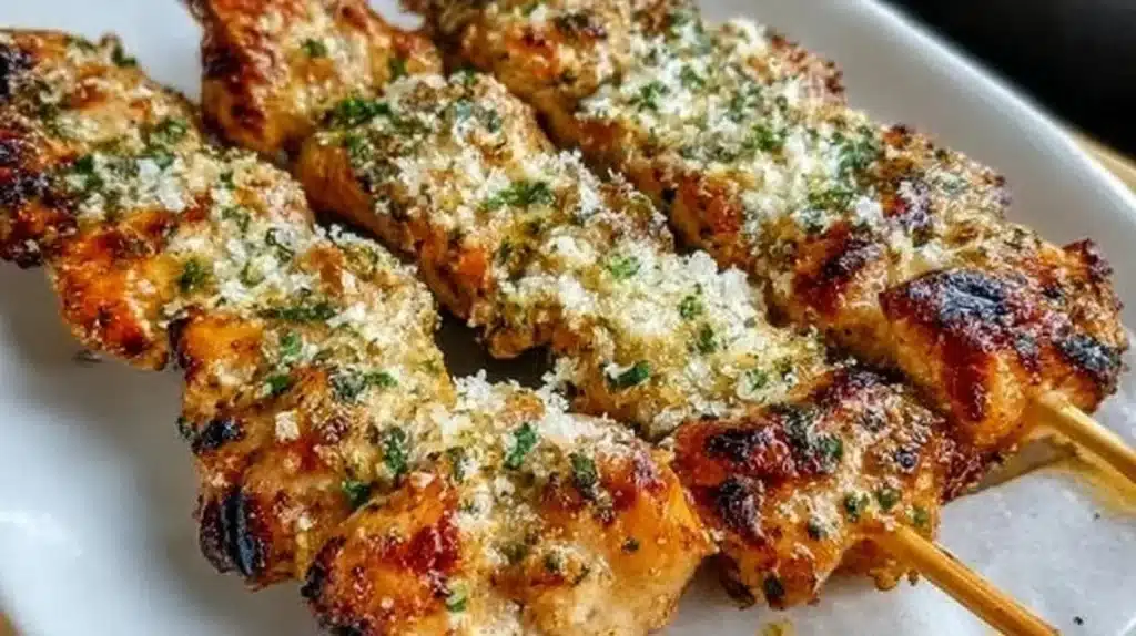 Ranch Garlic Parmesan Chicken Skewers ready for grilling on a plate
