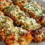 Ranch Garlic Parmesan Chicken Skewers ready for grilling on a plate
