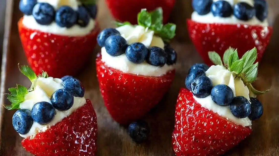 Delicious red, white, and blue cheesecake strawberries for festive occasions