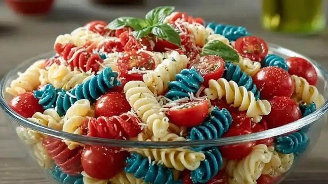 Colorful Red White and Blue Pasta Salad with fresh ingredients