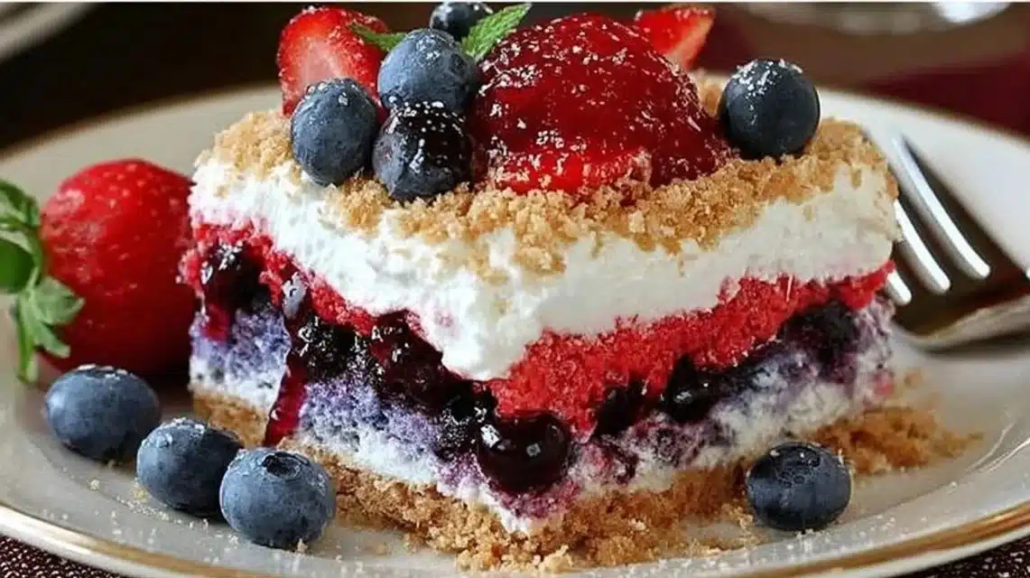 A refreshing Red White & Blue Mixed Berry dessert topped with blueberries and strawberries.