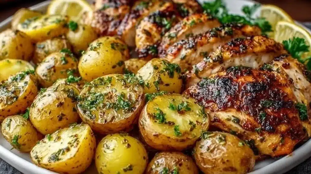 Sheet Pan Lemon Balsamic Chicken with Potatoes ready to serve