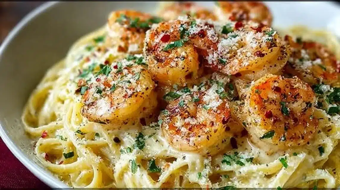 Shrimp scampi garlic cream pasta served with parsley and lemon on a plate.