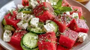 Fresh watermelon cucumber feta salad in a bowl