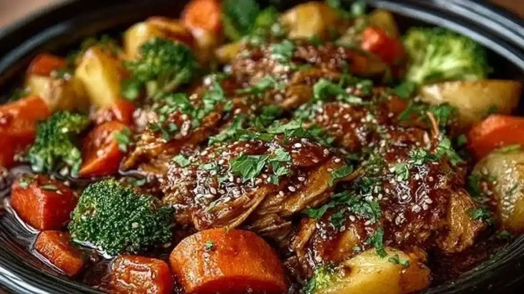Slow Cooker Honey Garlic Chicken with fresh vegetables in a savory sauce