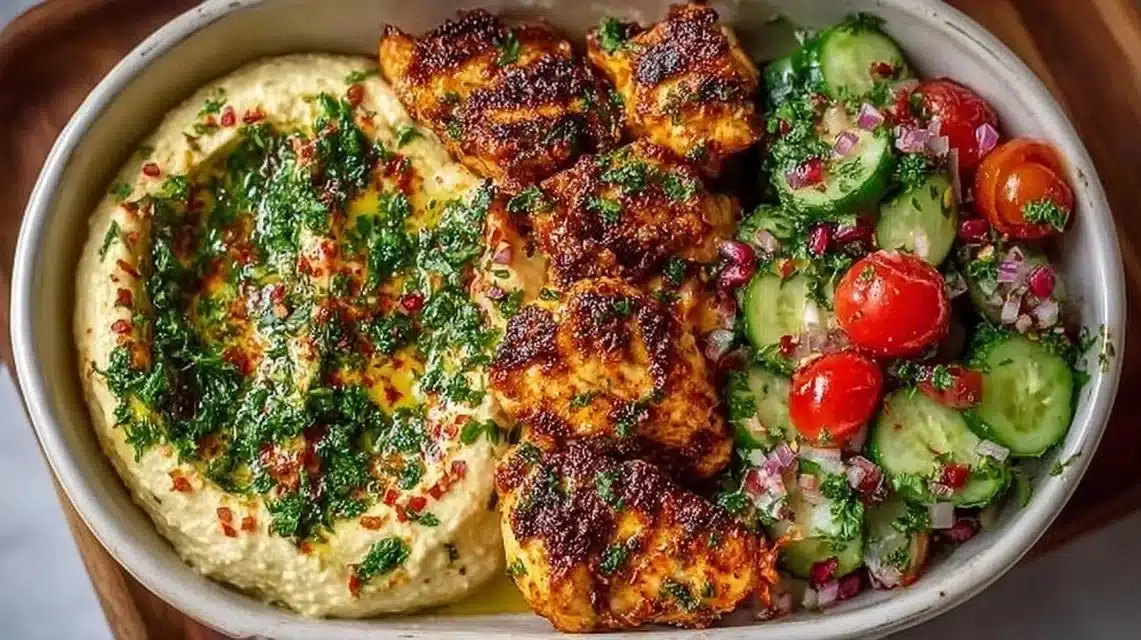 Quick Spicy Garlic Chicken Bowl with Hummus and Cucumber Salad for Busy Days 1 Spicy garlic chicken bowl served with hummus and cucumber salad