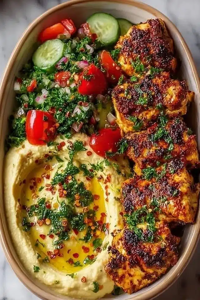 Quick Spicy Garlic Chicken Bowl with Hummus and Cucumber Salad for Busy Days 2 Spicy Garlic Chicken Bowl with Hummus & Cucumber Salad