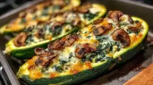 Spinach, Mushroom, and Ricotta Stuffed Zucchini Boats ready to eat